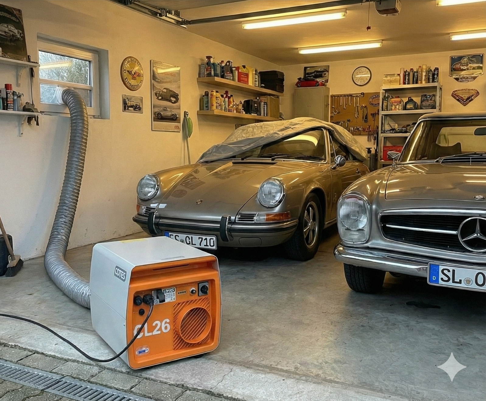 Rostschutz für Oldtimer durch Luftentfeuchtung Zwei Oldtimer in trockener Garage dank Adsorptionstrockner