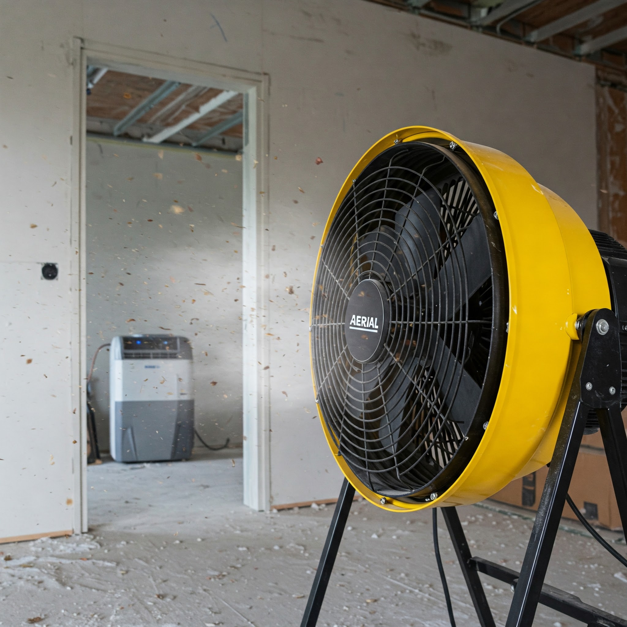 Bautrockner und Ventilator kombiniert für schnellere Trocknung im Rohbau Orangefarbener Axialventilator erzeugt Luftstrom in Richtung eines entfernten grauen Bautrockners in einem Beton-Rohbau